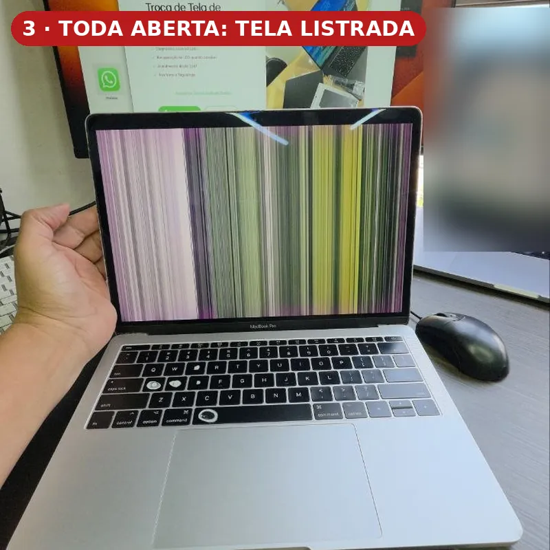 MacBook Pro A1708 com a tela toda listrada: falha clássica do flex Macbook pro 13 a1708 com a tela toda listrada com a tampa totalmente aberta, falha clássica do flex da tela, casa do mac asa norte