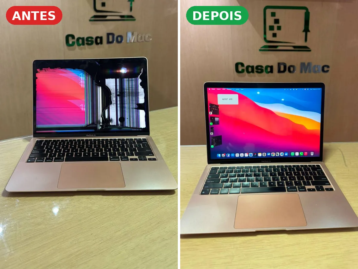 Macbook air m1 com a tela quebrada (antes) e com a tela lcd nova (depois) na casa do mac asa norte